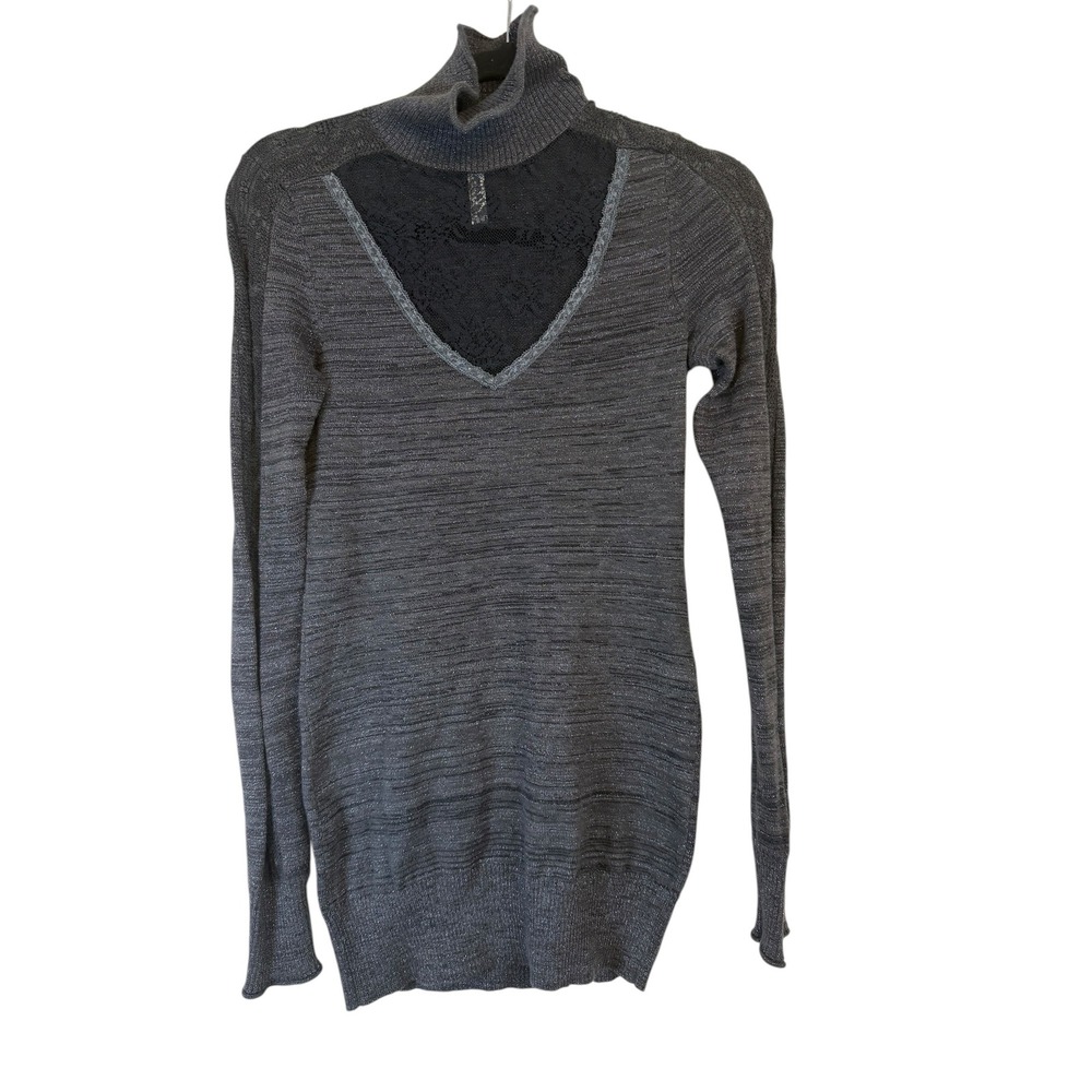Free People Womens Grey Metallic Lace Inset Turtleneck V-Neck Knit Top Small S/P